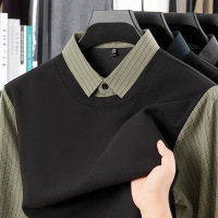 含蚕丝羊毛男士假两件上衣秋季新款衬衫领条纹休闲男士针织衫