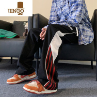 YANXU裤子男款秋季条纹撞色拼接运动卫裤美式高街宽松直筒阔腿休闲长裤