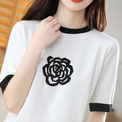 山茶花针织短袖女春夏新款圆领透气T恤冰丝撞色打底修身显瘦上衣