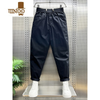 YANXU夏季新款男士时尚纯色九分工装裤宽松潮流休闲裤抽绳弹力小直筒裤