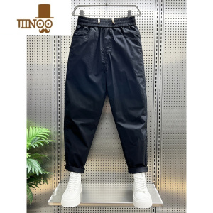 YANXU夏季新款男士时尚纯色九分工装裤宽松潮流休闲裤抽绳弹力小直筒裤