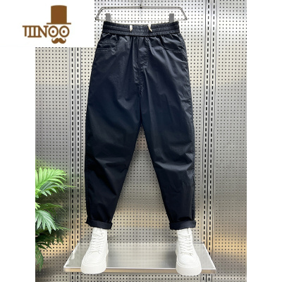 YANXU夏季新款男士时尚纯色九分工装裤宽松潮流休闲裤抽绳弹力小直筒裤