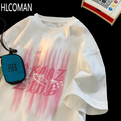 HLCOMAN粉色涂鸦创意短袖t恤男夏季白色半袖潮牌ins潮流宽松体恤