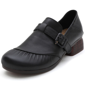 头层牛皮中跟深口单鞋女春秋舒适休闲软底中年四季复古妈妈鞋