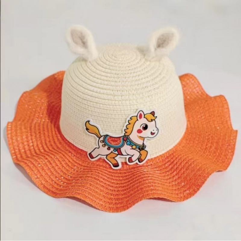 2026夏季新款福马儿童草帽女童粉色立体耳朵防晒帽卡通草编遮阳帽