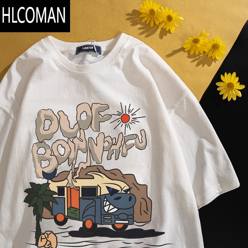 HLCOMAN特大码300斤美式复古印花短袖T恤男女夏季宽松高街半袖体恤衫
