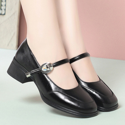 年新款浅口玛丽珍鞋一字扣妈妈鞋舒适黑色工作皮鞋