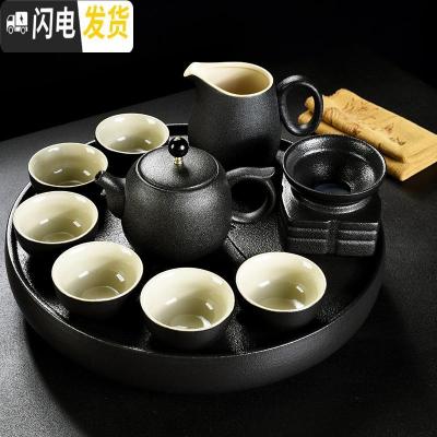 三维工匠黑陶粗陶功夫茶具套装家用简约实木竹茶盘复古茶壶盖碗茶杯 黑陶冠壶10头+黑陶大圣圆盘(30*6cm) 10件