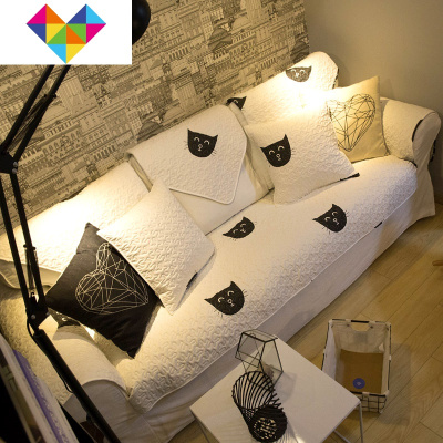 北欧干净黑白喵星人沙发垫棉布艺坐垫防滑定制素描都市110*180cm御蓝锦