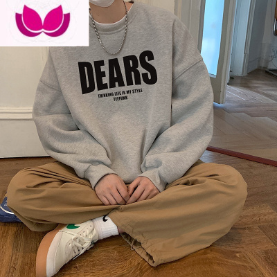 七斓美式圆领卫衣男春ins潮牌外套oversize无帽大码加绒上衣服