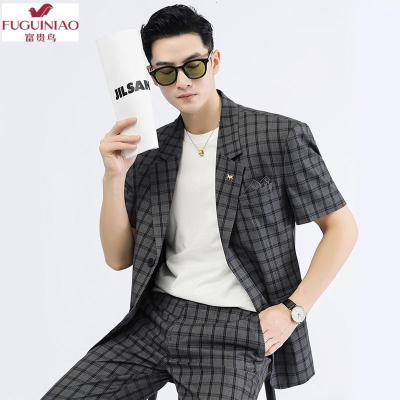 富贵鸟（FUGUINIAO）夏季短袖格子西服套装男修身五分袖小西装潮流韩版九分西裤两件装（送体恤）