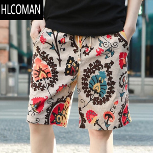 HLCOMAN天天特价夏季亚麻沙滩裤男速干 大码海边花短裤宽松棉麻5五分裤子
