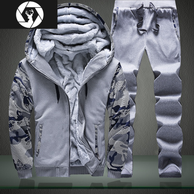 HongZun男士冬季外套加绒加厚卫衣套装卫裤长裤韩版潮流迷彩运动两件套男其他套装