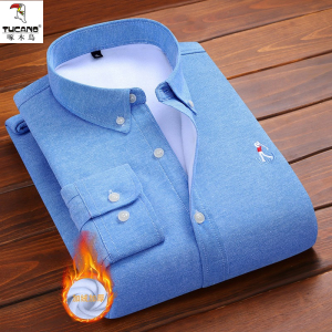 啄木鸟新款冬季加绒加厚牛津纺长袖衬衫男轻商务刺绣保暖休闲衬衣