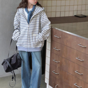 女童外套春秋款新款时尚大童女孩韩系宽松洋气条纹连帽上衣潮