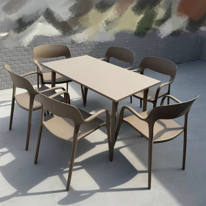 户外桌椅组合庭院花园休闲奶茶店室外摆碳钢餐桌套装 (香槟色)6椅+130*80cm碳钢长桌