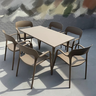 户外桌椅组合庭院花园休闲奶茶店室外摆碳钢餐桌套装 (香槟色)6椅+130*80cm碳钢长桌