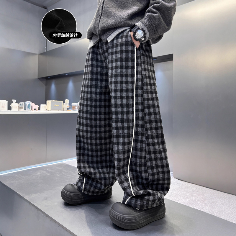 男童加绒裤子冬装新款韩版加厚一体绒儿童运动裤中大童格子裤