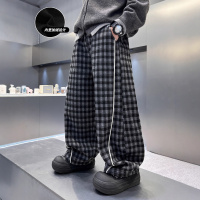 男童加绒裤子冬装新款韩版加厚一体绒儿童运动裤中大童格子裤