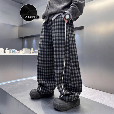 男童加绒裤子冬装新款韩版加厚一体绒儿童运动裤中大童格子裤