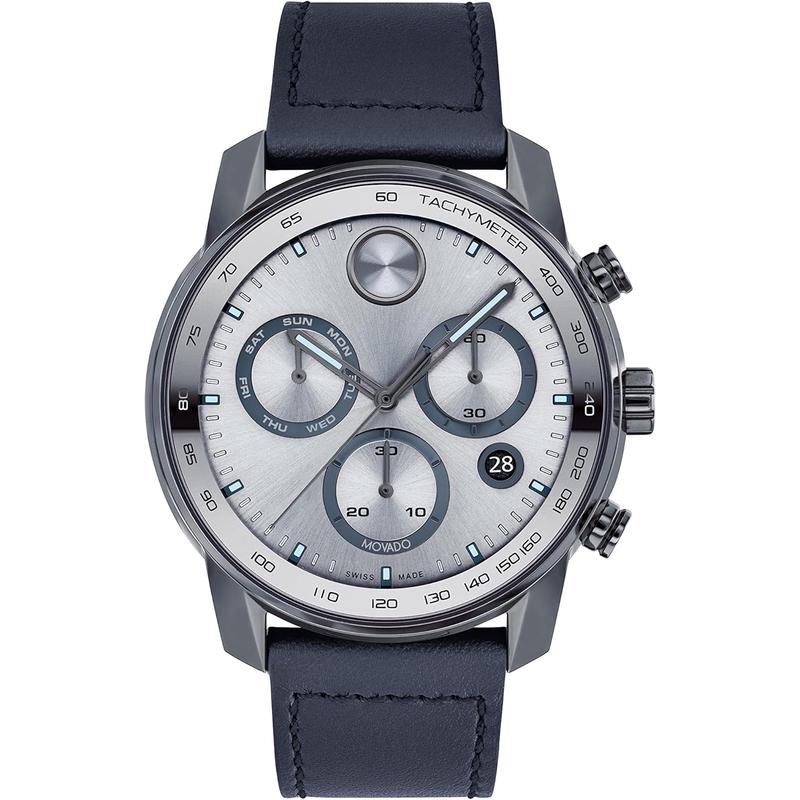 Movado男士石英计时瑞士豪华商务防水皮带灰盘蓝带手表