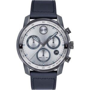 Movado男士石英计时瑞士豪华商务防水皮带灰盘蓝带手表