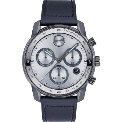 Movado男士石英计时瑞士豪华商务防水皮带灰盘蓝带手表