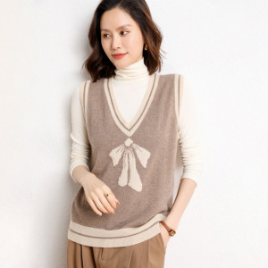 针织马甲女V领山羊绒拼色提花韩版外搭时尚休闲背心毛线坎肩