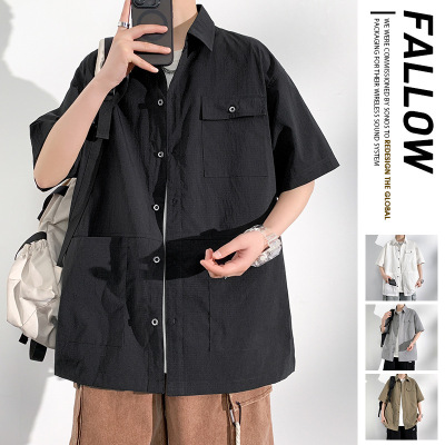 男装夏季新款简约休闲工装衬衫男学生外套宽松胖子纯色大码上衣男