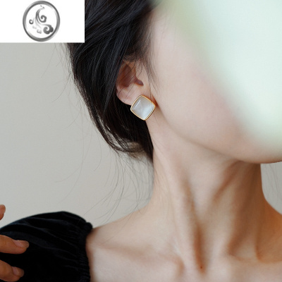 JiMi猫眼石耳环气质高级感法式几何方形耳钉2023年新款潮秋冬耳饰品