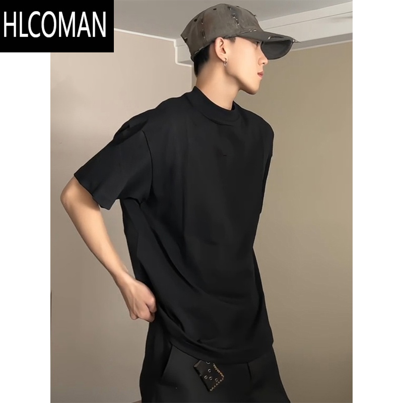 HLCOMAN美式小领口t恤男生ootd穿搭黑色正肩短袖新疆棉内搭夏季半袖