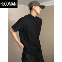 HLCOMAN美式小领口t恤男生ootd穿搭黑色正肩短袖新疆棉内搭夏季半袖