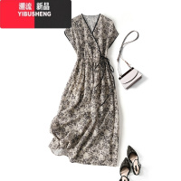YIBUSHENG高端V领苎麻碎花连衣裙女季优雅气质法式复古系带收腰棉麻长裙