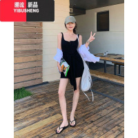 YIBUSHENG假两件绑带灰色吊带连衣裙女季修身辣妹短裙带胸垫收腰包臀裙子