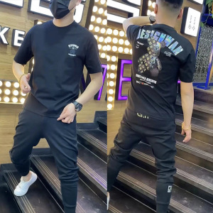 夏季男士小熊短袖T恤丝光棉圆领印花上衣休闲宽松半袖体恤潮帅气