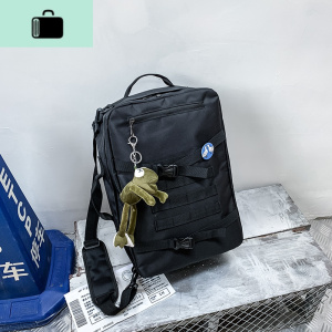 男士潮牌书包女韩版高中大学生大容量背包帆布旅行包男多用双肩包NEW LAKE 黑色+青蛙挂件收藏宝贝送5徽章