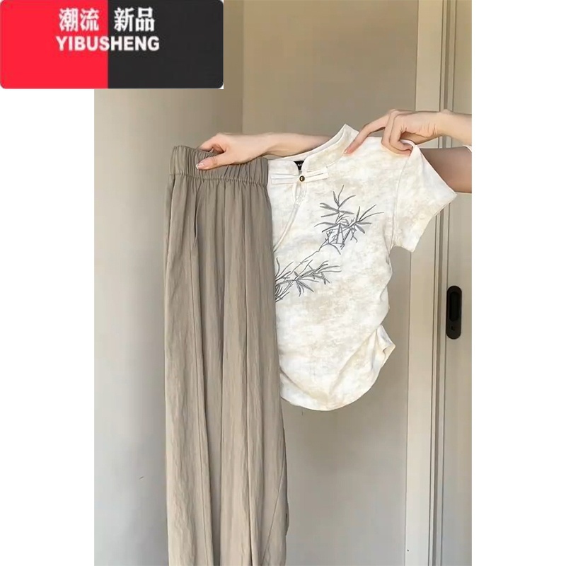 YIBUSHENG新中式复古国风刺绣正肩短袖T恤女季修身独特掐腰盘扣扎染上衣