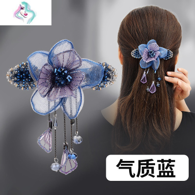 气质古风弹簧夹发卡成年女花朵马尾夹水晶头饰绢纱流苏顶夹发夹你那么美C12-02-时尚双色+紫色+浅粉