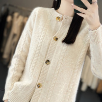 秋冬新款韩版复古麻花圆领外套纯色宽松显瘦气质通勤女士针织开衫