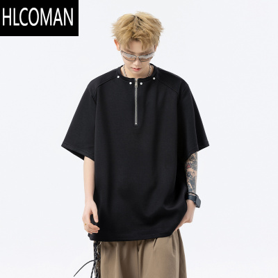 HLCOMAN半拉链短袖t恤男2025新款潮牌夏季穿搭青少年设计感五分袖