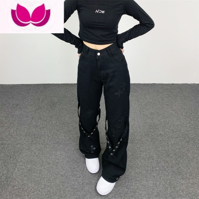 七斓妈个鸡妈 ins嘻哈街头美式绑带直筒工装宽松休闲裤男女长裤