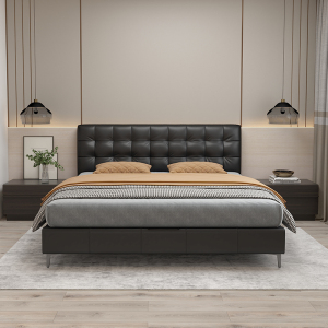 富牌618活动家具B6软床(全皮)全牛皮包裹小户型现代简约千鸟格头层牛皮主次卧全皮软床