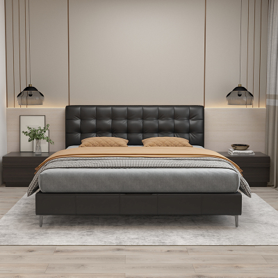 富牌618活动家具B6软床(全皮)全牛皮包裹小户型现代简约千鸟格头层牛皮主次卧全皮软床