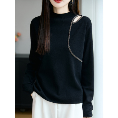性感烫钻羊毛针织打底衫毛衣女秋季新款拼接修身气质百搭针织衫