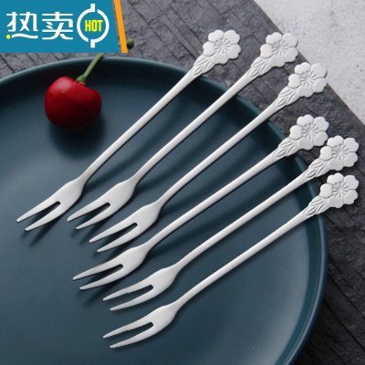 敬平蛋糕水果叉套装创意可爱不锈钢家用ins北欧风樱花树叶叉子欧式 银色樱花叉6支牙签