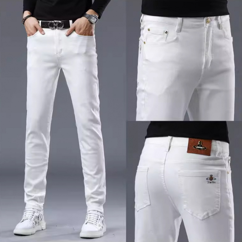 秋季新款高端白色牛仔裤男士潮牌修身小脚弹力休闲长裤子男款