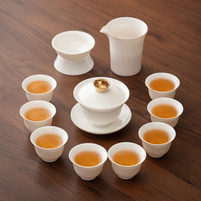 苏氏陶瓷(SUSHI CERAMICS)描金羊脂玉茶具套装德化陶瓷三才盖碗纯白瓷功夫茶杯8杯礼盒装
