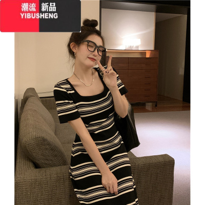 YIBUSHENG条纹方领短袖针织连衣裙女季2024新款慵懒风外穿收腰中长款裙子