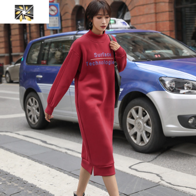 暖青汇高领卫衣女过膝中长款2021年早春新款韩版长袖字母连衣裙女加绒潮卫衣