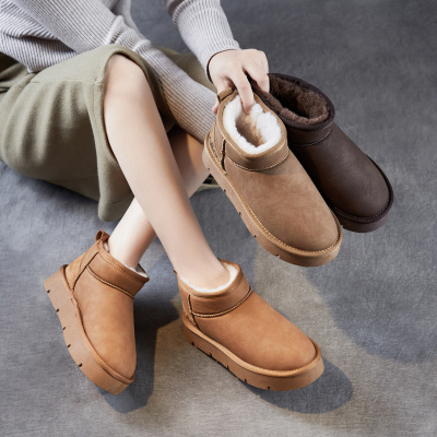 真皮拼接雪地靴厚底女鞋冬季新款加绒保暖棉鞋面包鞋东北靴子